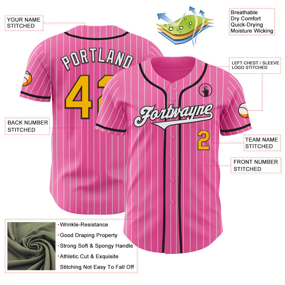 Custom Pink White Pinstripe Gold-Black Authentic Baseball Jersey baseball jersey product view 3