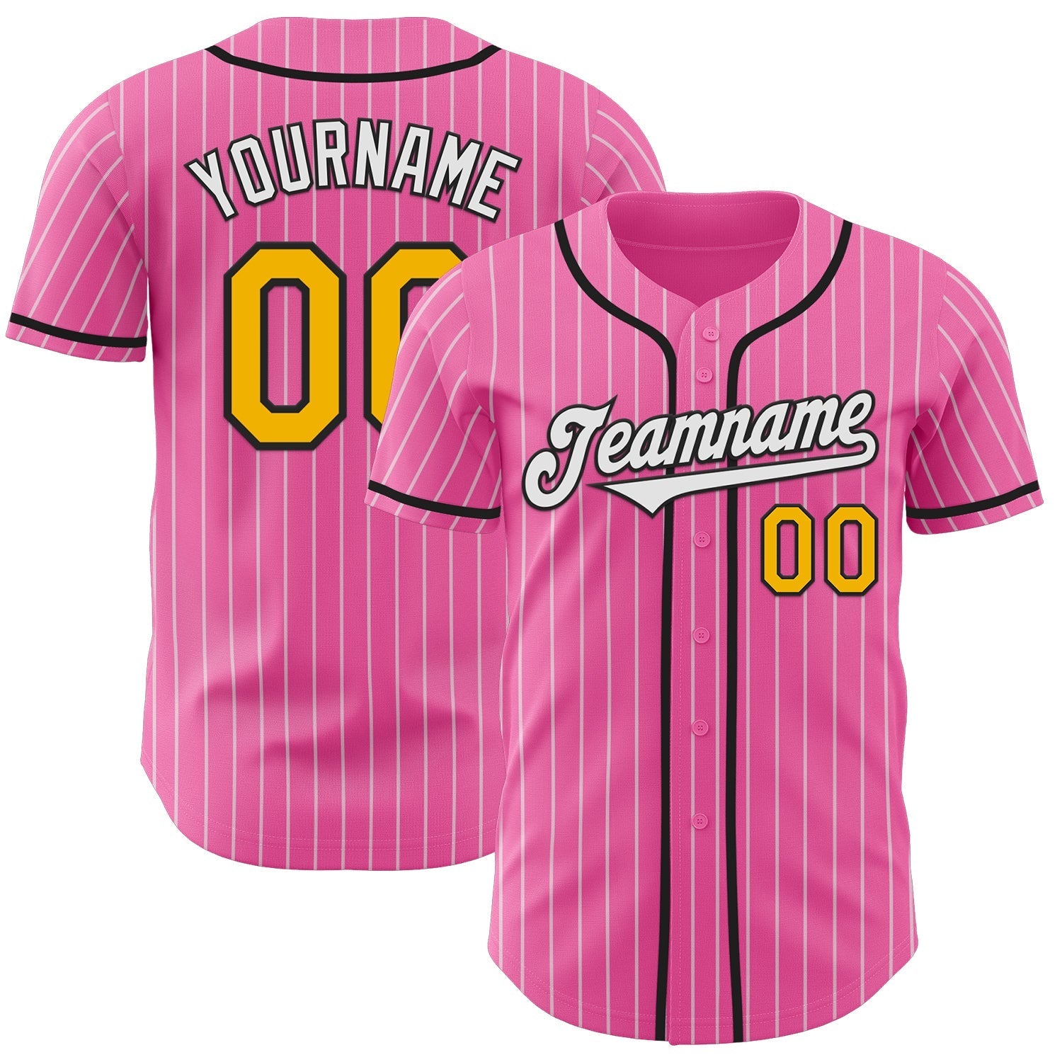 Custom Pink White Pinstripe Gold-Black Authentic Baseball Jersey baseball jersey product view 1