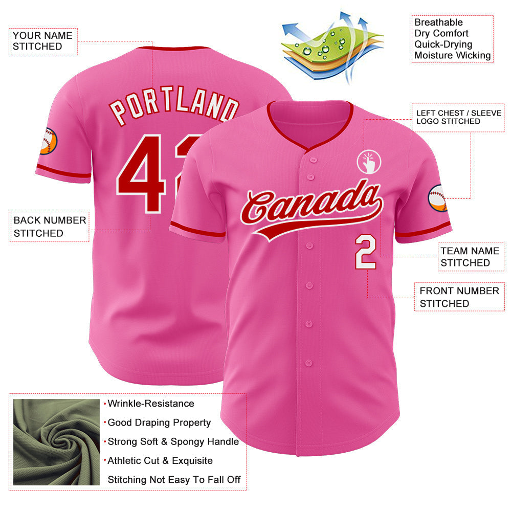 Custom Pink Red-White Authentic Baseball Jersey baseball jersey product view 3