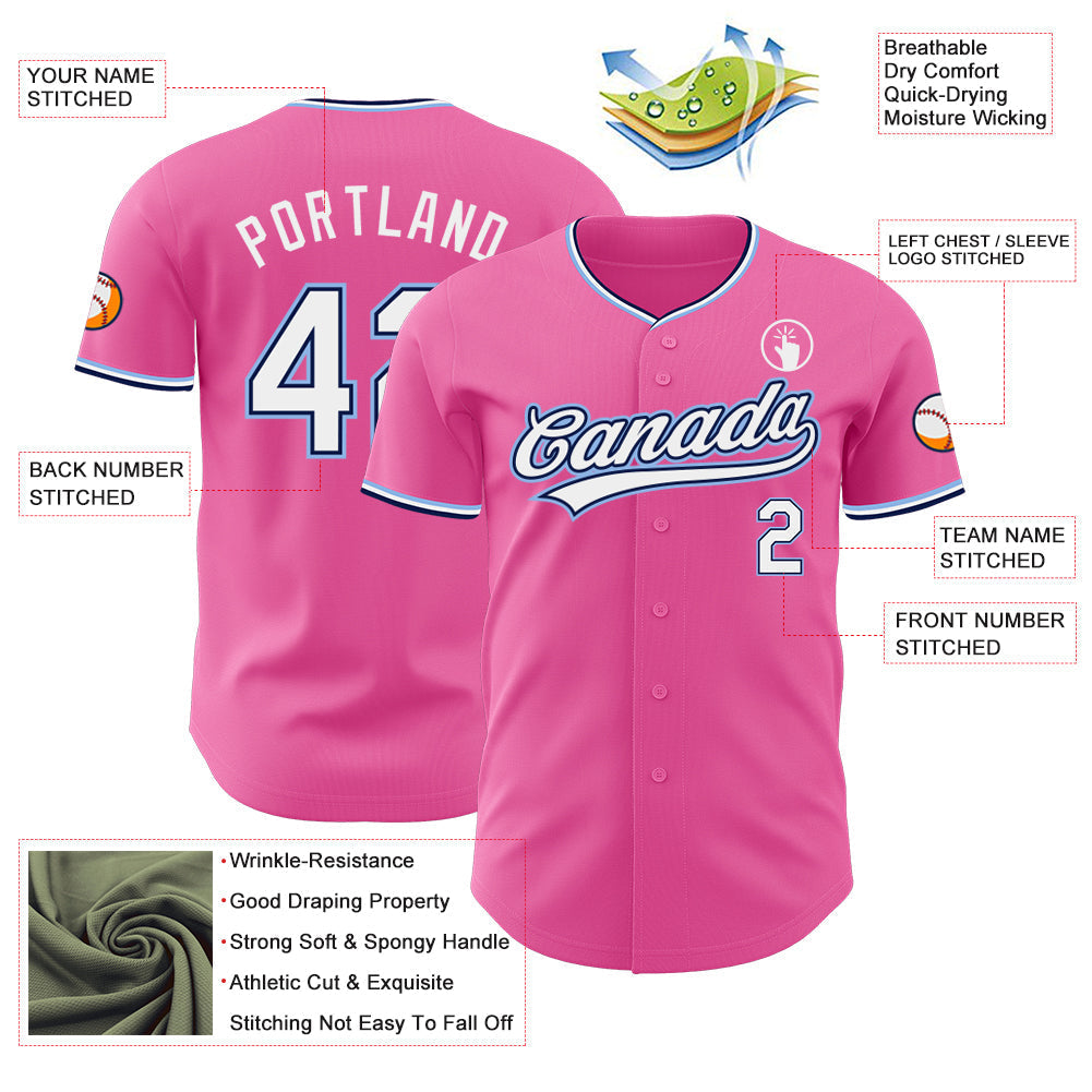Custom Pink White Navy-Light Blue Authentic Baseball Jersey baseball jersey product view 3