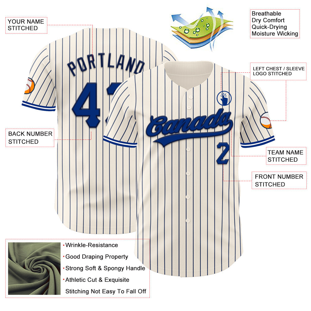 Custom Cream Navy Pinstripe Royal Navy-White Authentic Baseball Jersey baseball jersey product view 5