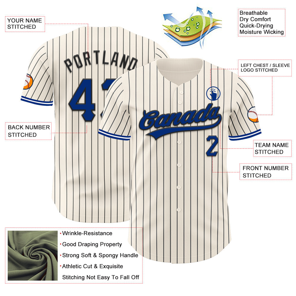 Custom Cream Black Pinstripe Royal Black-White Authentic Baseball Jersey baseball jersey product view 5
