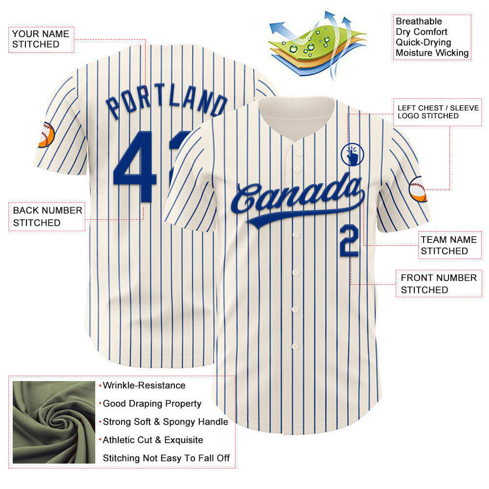 Custom Cream Royal Pinstripe Royal Authentic Baseball Jersey baseball jersey product view 5
