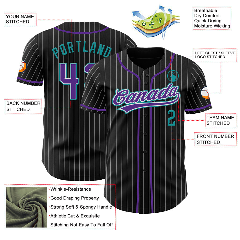 Custom Black White Pinstripe Purple Teal-White Authentic Baseball Jersey baseball jersey product view 5