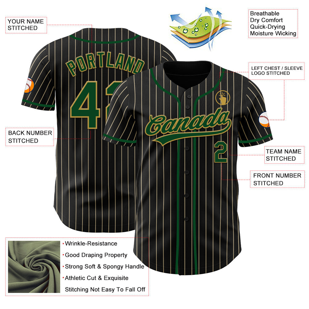 Custom Black Cream Pinstripe Green-Old Gold Authentic Baseball Jersey baseball jersey product view 5