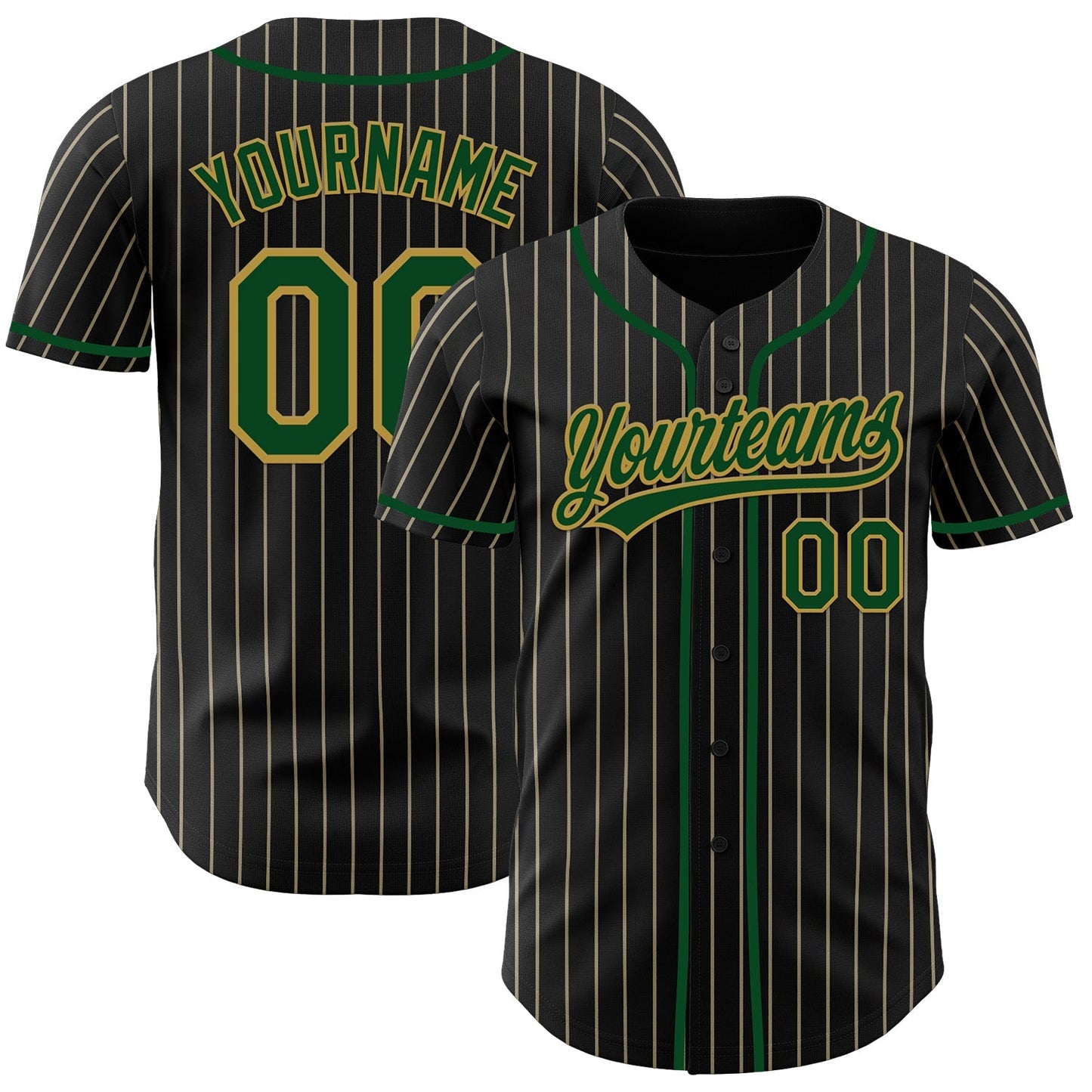 Custom Black Cream Pinstripe Green-Old Gold Authentic Baseball Jersey baseball jersey product view 1