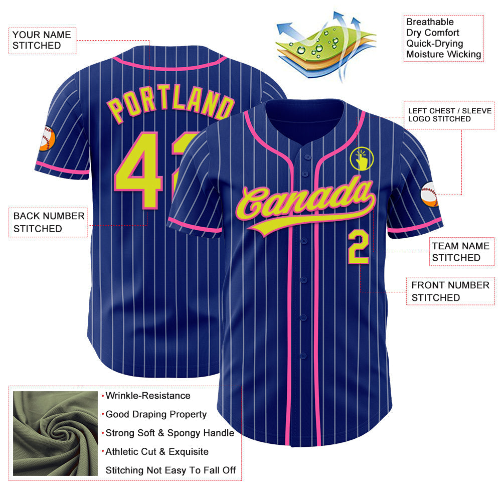 Custom Royal White Pinstripe Neon Yellow-Pink Authentic Baseball Jersey baseball jersey product view 5