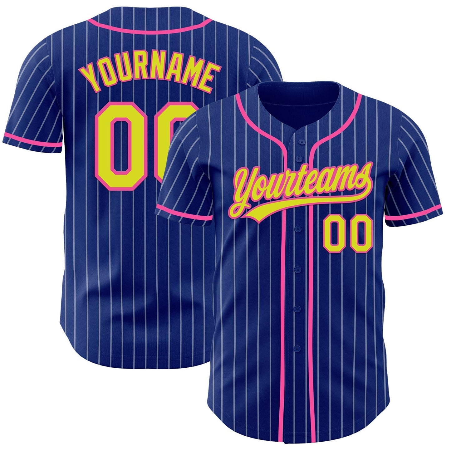Custom Royal White Pinstripe Neon Yellow-Pink Authentic Baseball Jersey baseball jersey product view 1