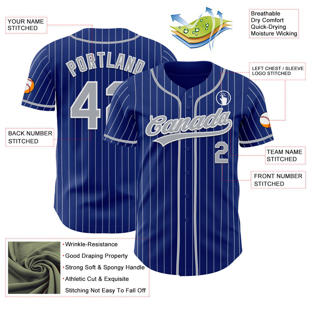 Custom Royal White Pinstripe Gray-White Authentic Baseball Jersey baseball jersey product view 5
