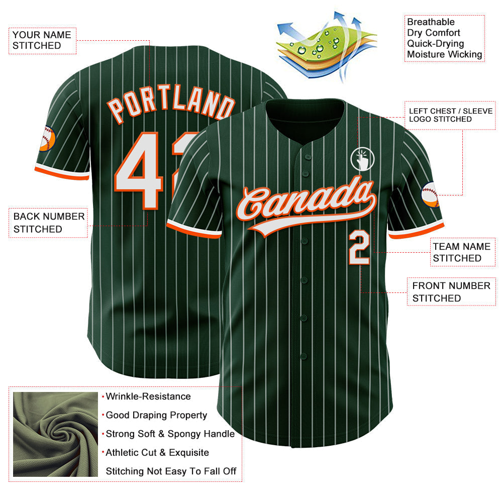 Custom Green White Pinstripe White-Orange Authentic Baseball Jersey baseball jersey product view 5