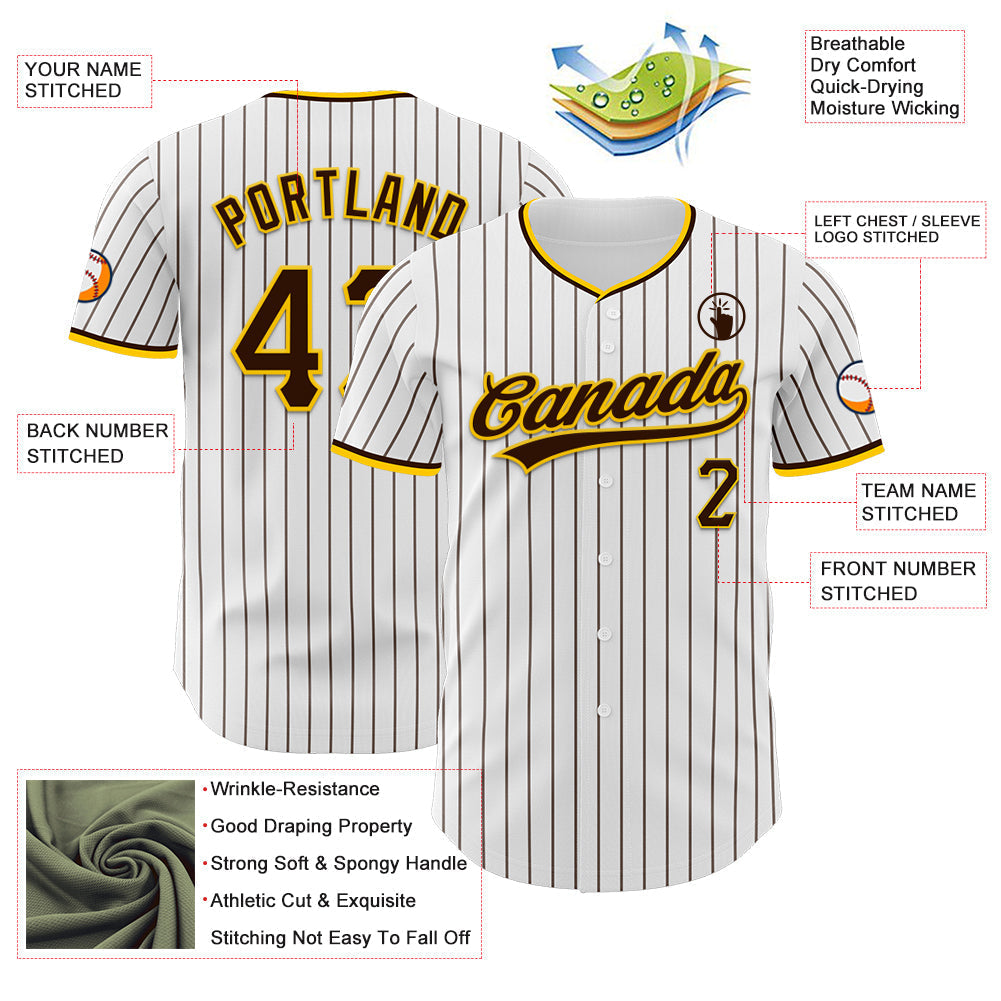 Custom White Brown Pinstripe Brown-Yellow Authentic Baseball Jersey baseball jersey product view 5