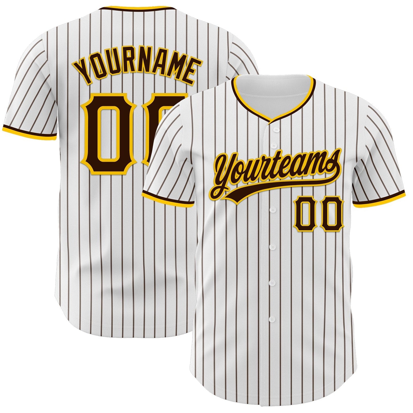 Custom White Brown Pinstripe Brown-Yellow Authentic Baseball Jersey baseball jersey product view 1