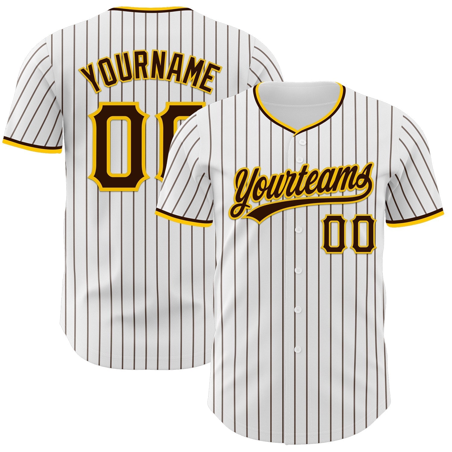 Custom White Brown Pinstripe Brown-Yellow Authentic Baseball Jersey baseball jersey product view 1