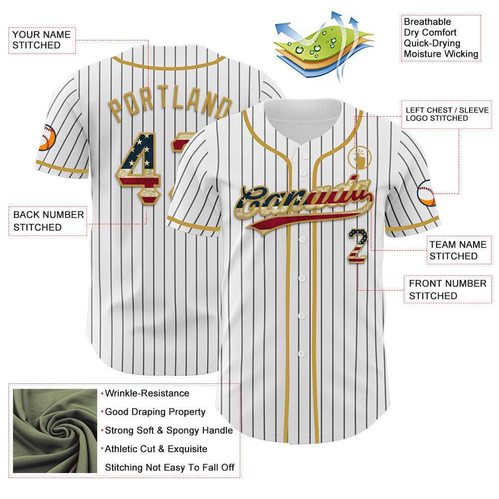 Custom White Black Pinstripe Vintage USA Flag-Old Gold Authentic Baseball Jersey baseball jersey product view 5