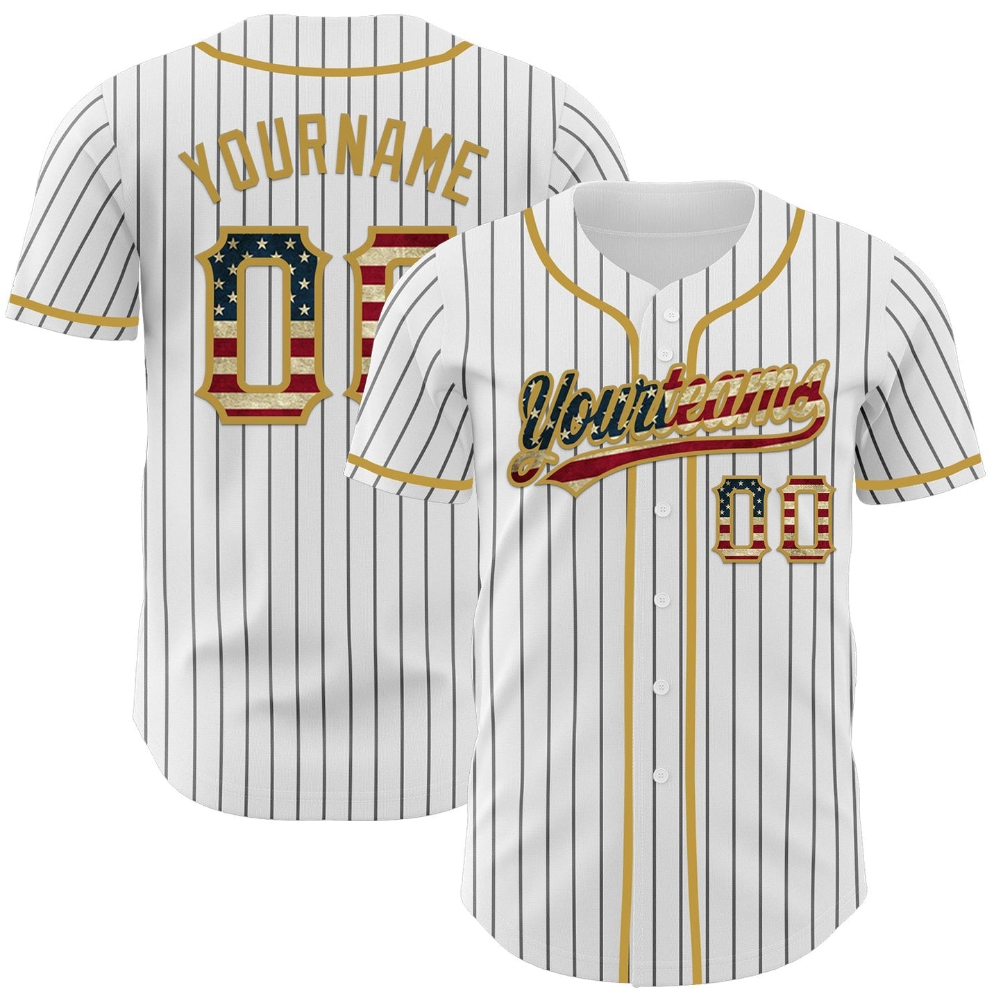 Custom White Black Pinstripe Vintage USA Flag-Old Gold Authentic Baseball Jersey baseball jersey product view 1