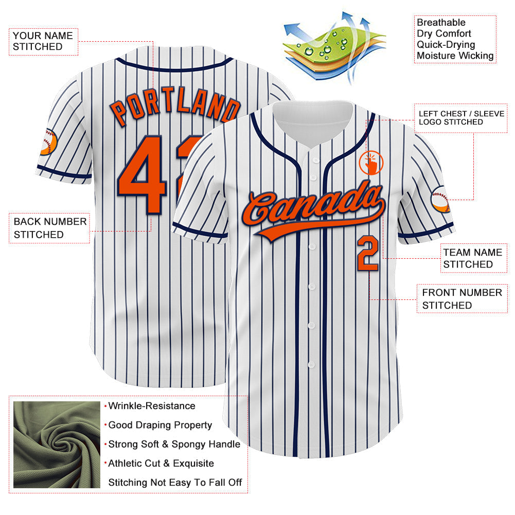 Custom White Navy Pinstripe Orange-Navy Authentic Baseball Jersey baseball jersey product view 5