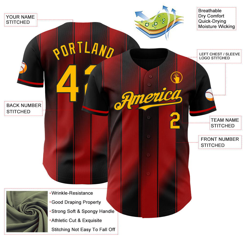 Custom Black Gold-Red Gradient Classic Vertical Stripe Authentic Baseball Jersey baseball jersey product view 3