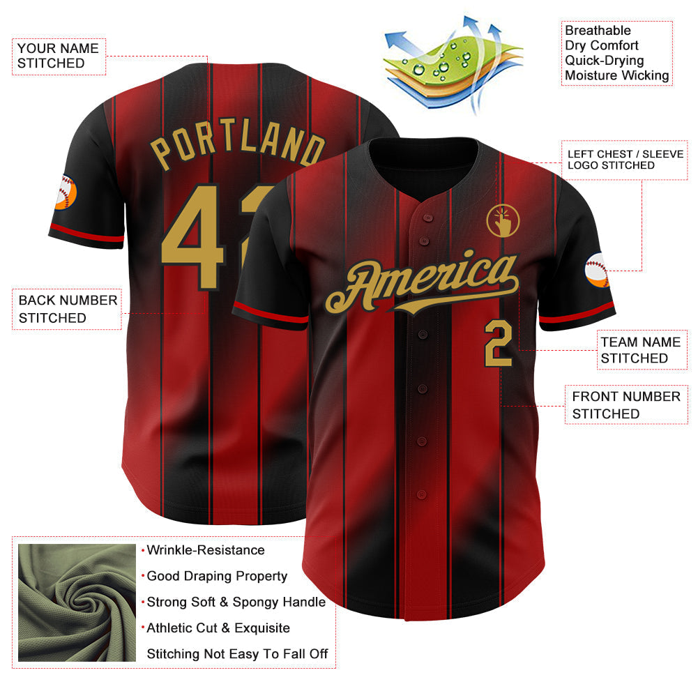 Custom Black Old Gold-Red Gradient Classic Vertical Stripe Authentic Baseball Jersey baseball jersey product view 3