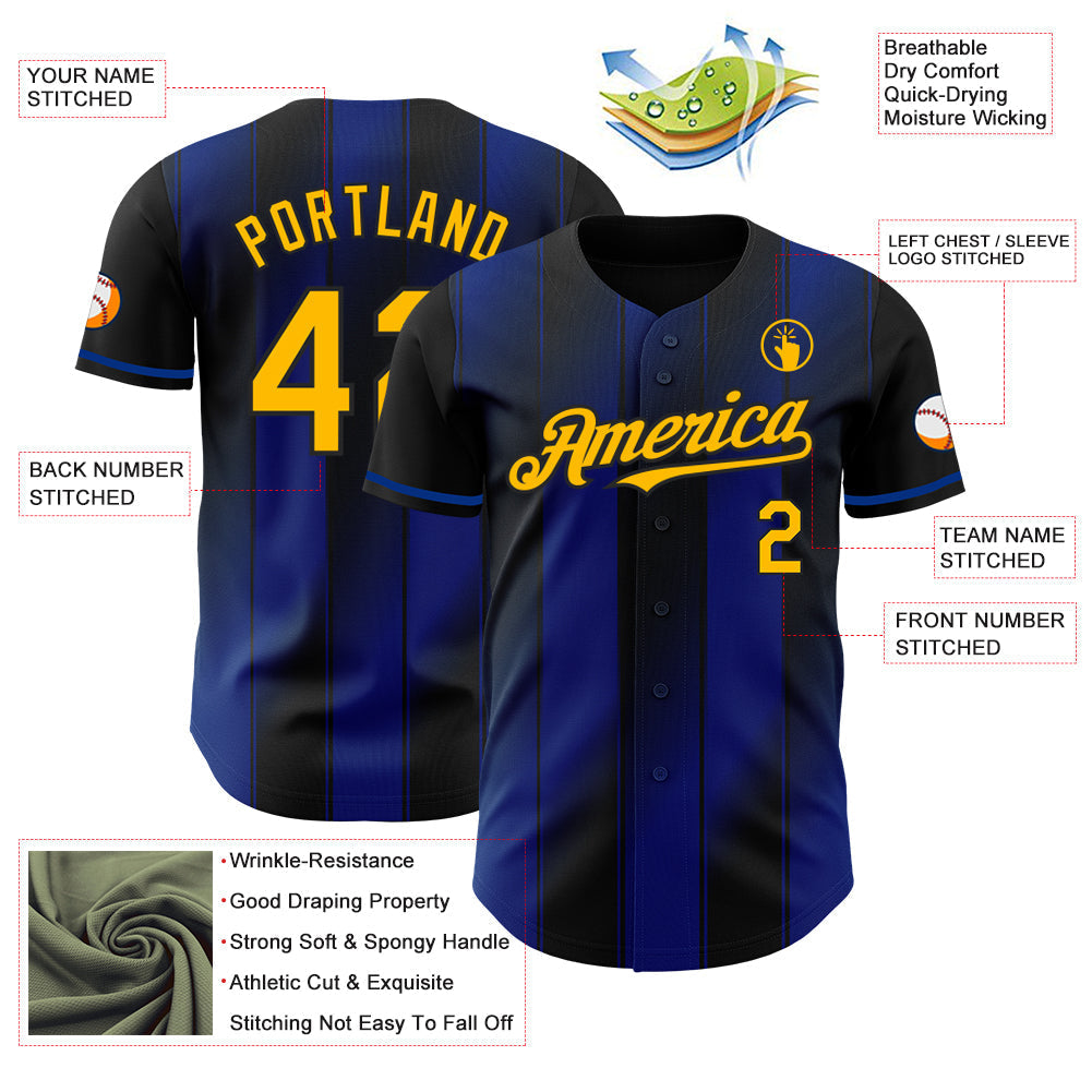 Custom Black Gold-Royal Gradient Classic Vertical Stripe Authentic Baseball Jersey baseball jersey product view 3