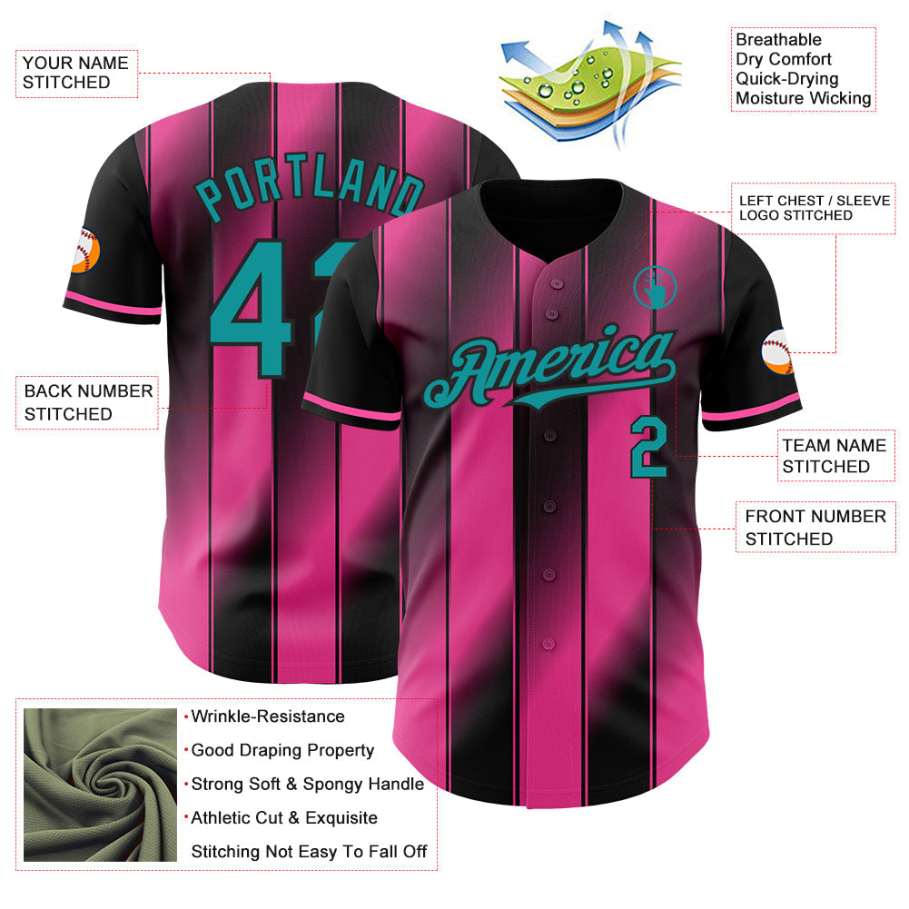 Custom Black Teal-Pink Gradient Classic Vertical Stripe Authentic Baseball Jersey baseball jersey product view 3