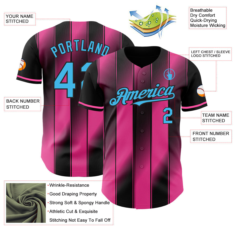 Custom Black Sky Blue-Pink Gradient Classic Vertical Stripe Authentic Baseball Jersey baseball jersey product view 3