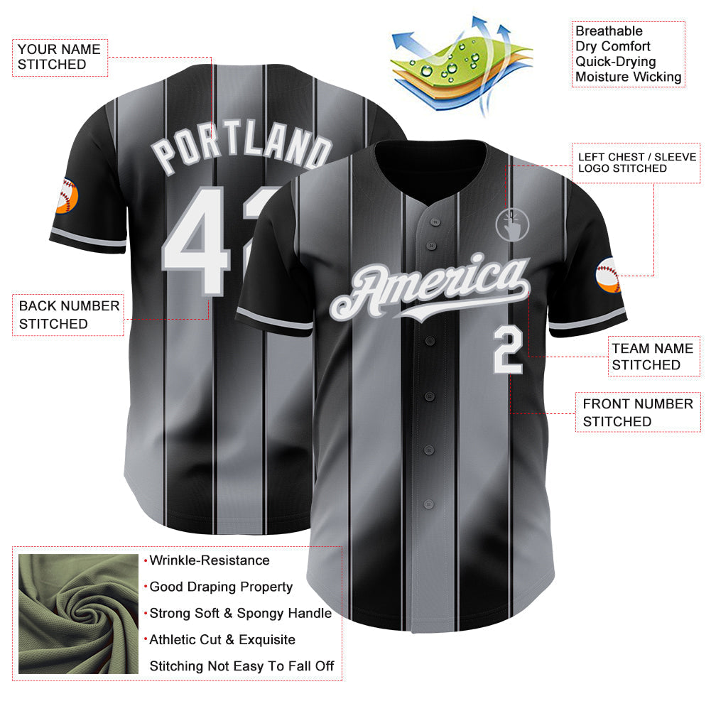 Custom Black White-Gray Gradient Classic Vertical Stripe Authentic Baseball Jersey baseball jersey product view 3