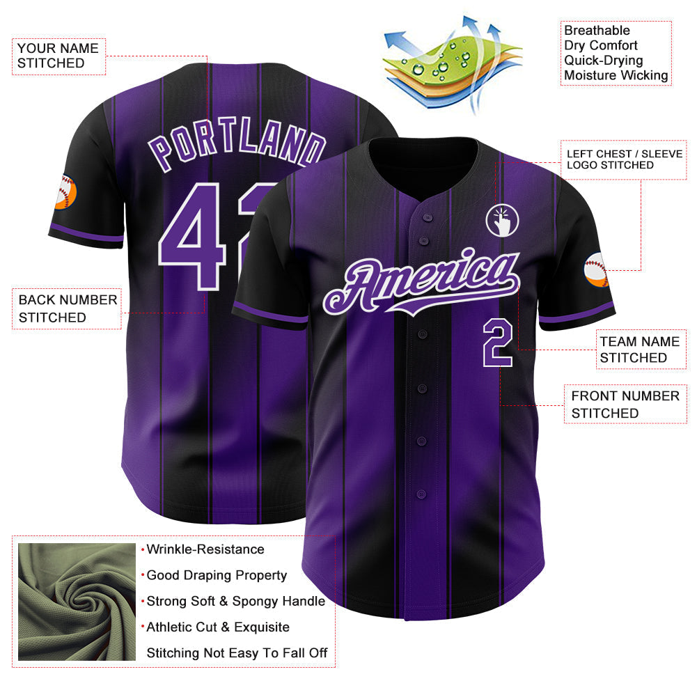 Custom Black Purple-White Gradient Classic Vertical Stripe Authentic Baseball Jersey baseball jersey product view 3
