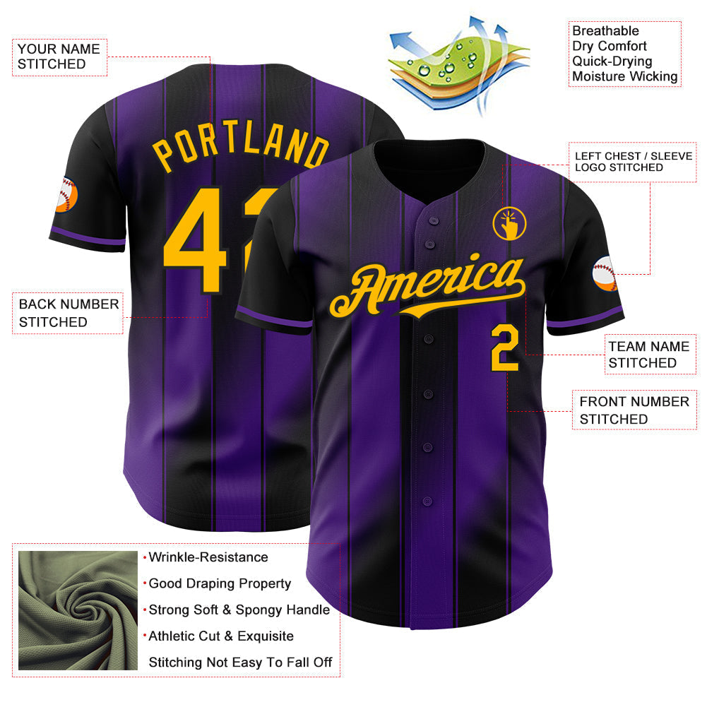 Custom Black Gold-Purple Gradient Classic Vertical Stripe Authentic Baseball Jersey baseball jersey product view 3