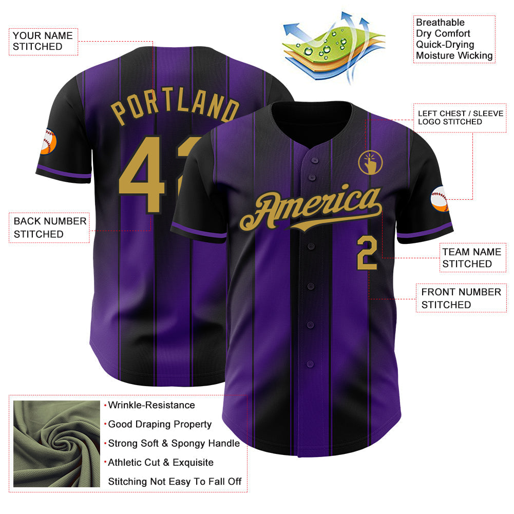 Custom Black Old Gold-Purple Gradient Classic Vertical Stripe Authentic Baseball Jersey baseball jersey product view 3