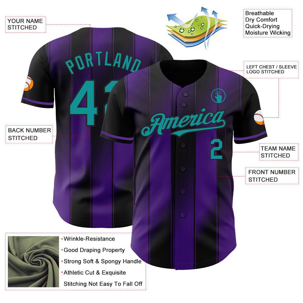 Custom Black Teal-Purple Gradient Classic Vertical Stripe Authentic Baseball Jersey baseball jersey product view 3