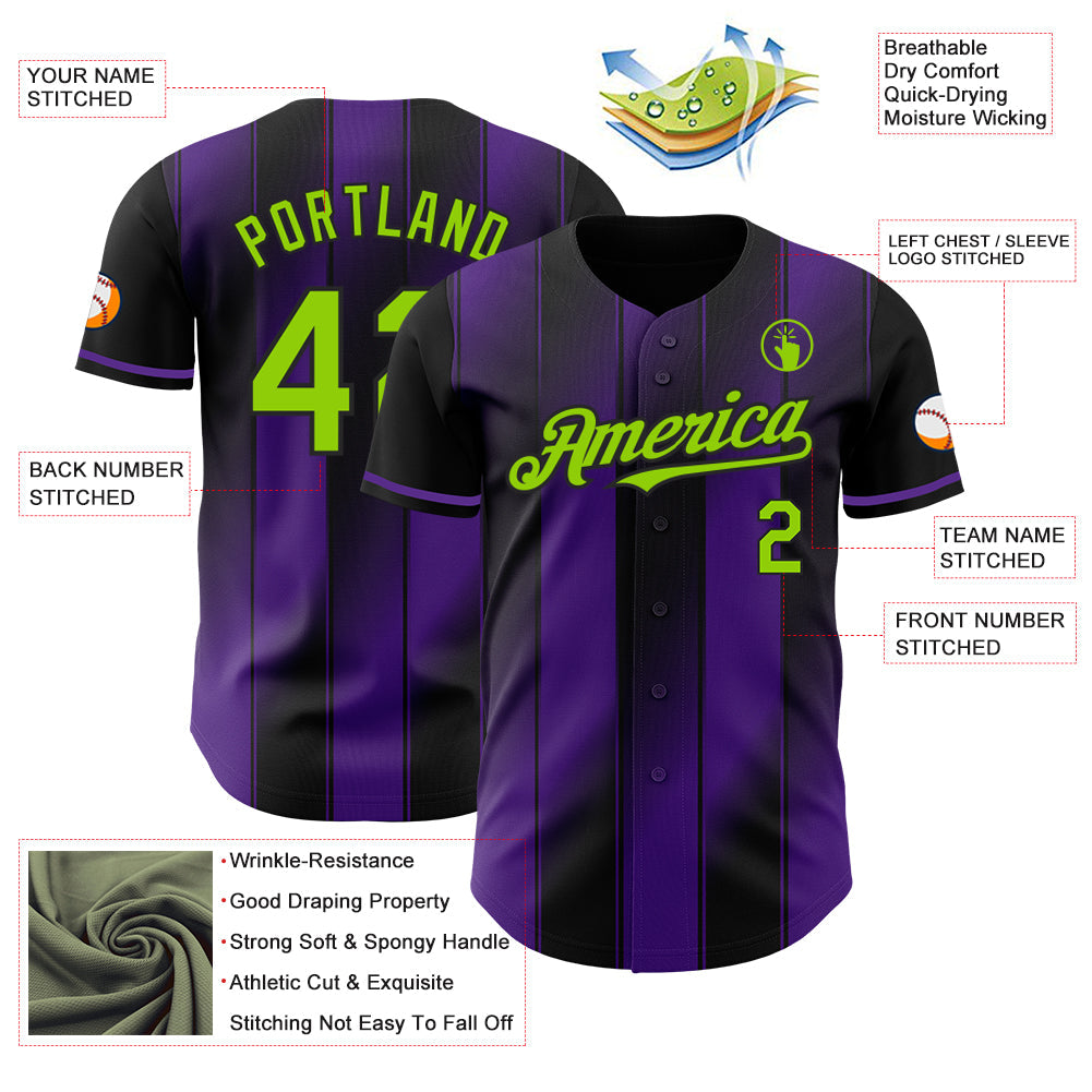 Custom Black Neon Green-Purple Gradient Classic Vertical Stripe Authentic Baseball Jersey baseball jersey product view 3