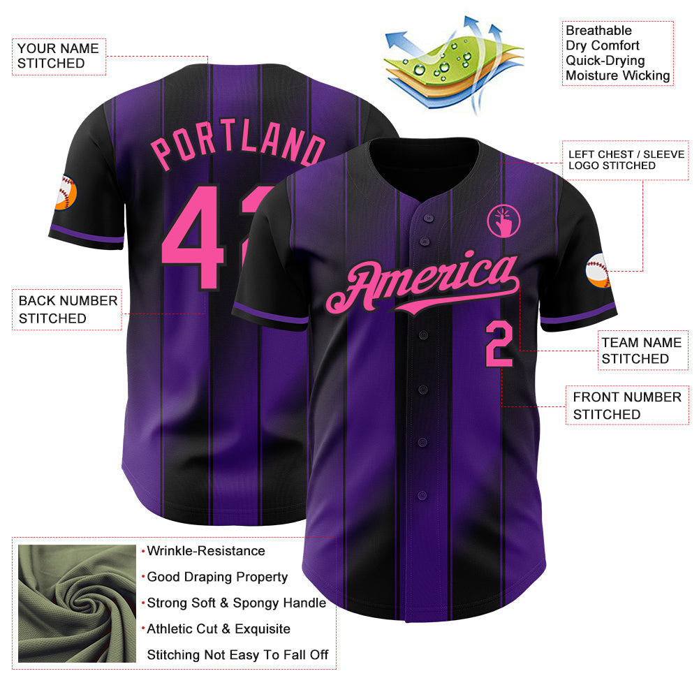 Custom Black Pink-Purple Gradient Classic Vertical Stripe Authentic Baseball Jersey baseball jersey product view 3