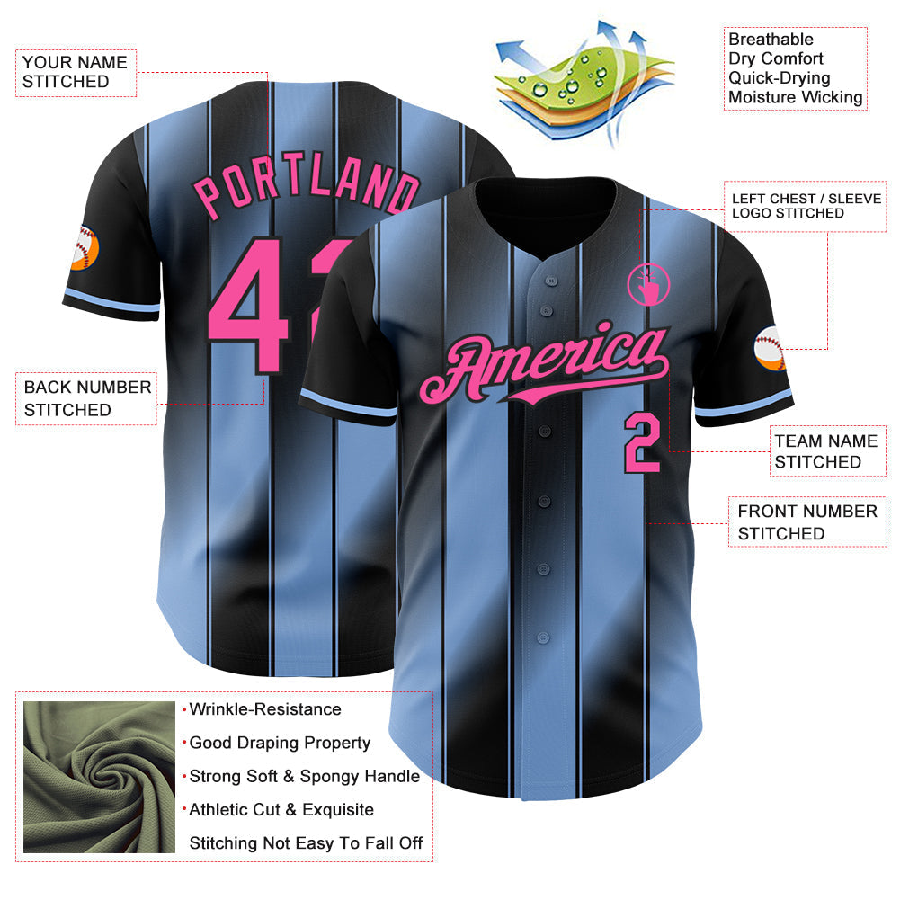 Custom Black Pink-Light Blue Gradient Classic Vertical Stripe Authentic Baseball Jersey baseball jersey product view 3