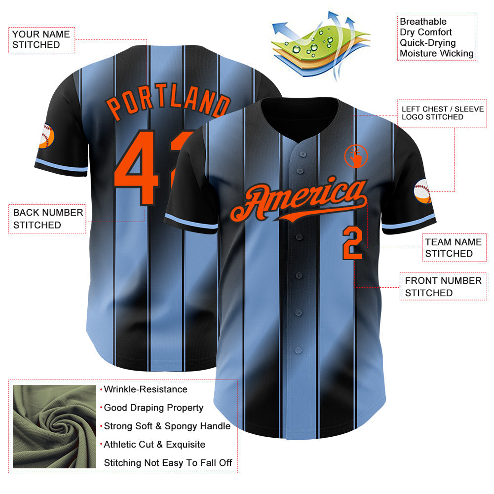 Custom Black Orange-Light Blue Gradient Classic Vertical Stripe Authentic Baseball Jersey baseball jersey product view 3