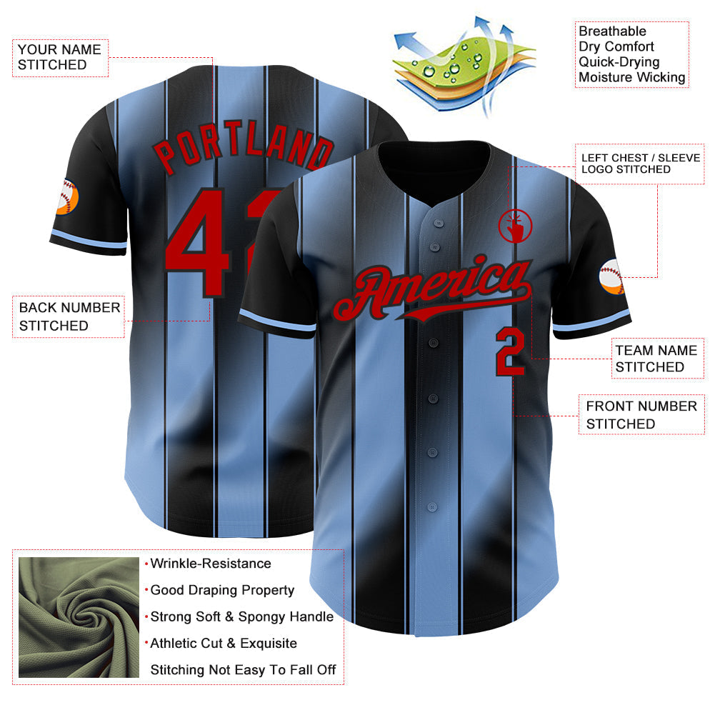Custom Black Red-Light Blue Gradient Classic Vertical Stripe Authentic Baseball Jersey baseball jersey product view 3