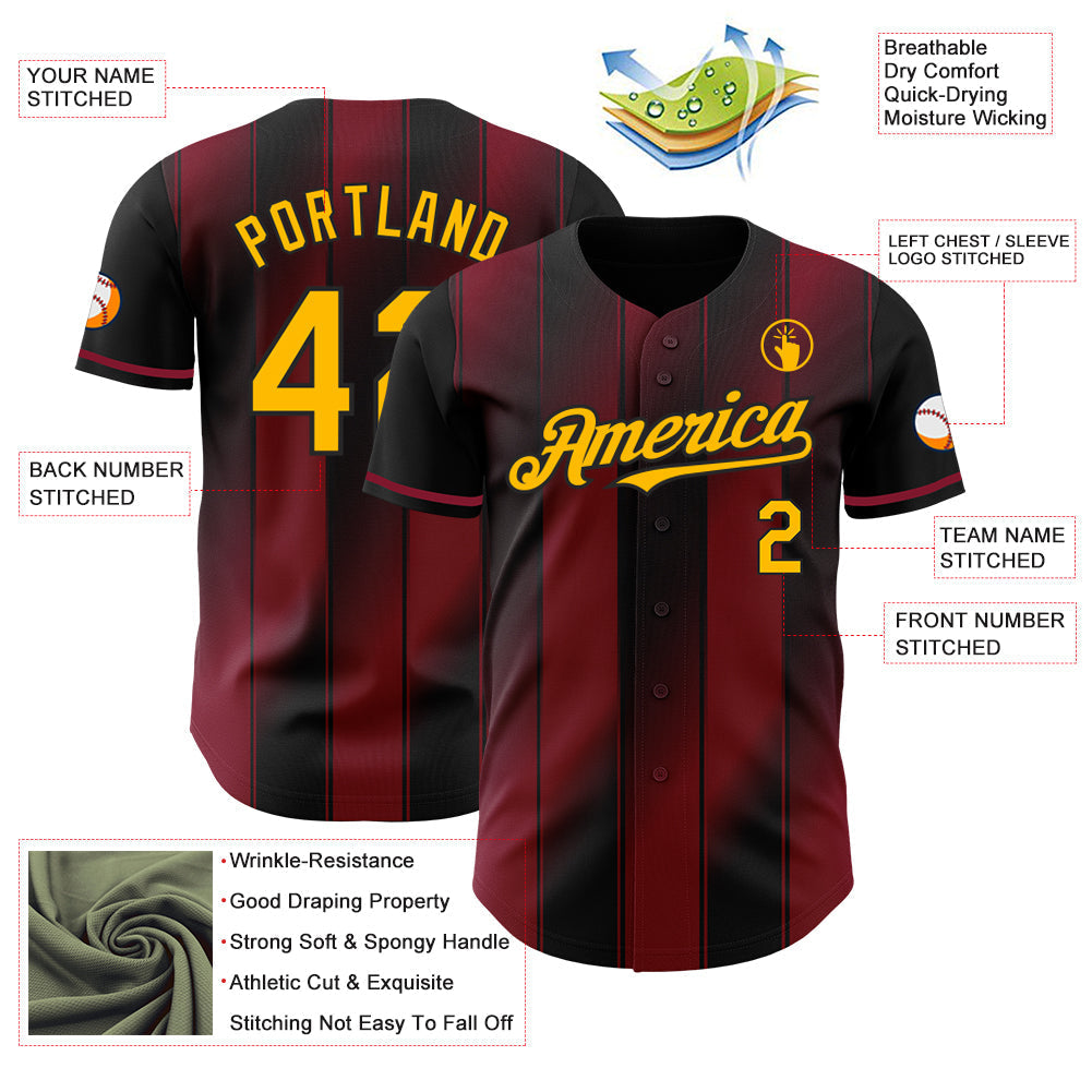 Custom Black Gold-Crimson Gradient Classic Vertical Stripe Authentic Baseball Jersey baseball jersey product view 3