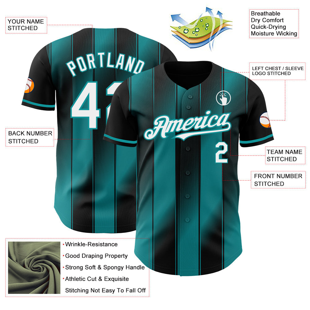 Custom Black White-Teal Gradient Classic Vertical Stripe Authentic Baseball Jersey baseball jersey product view 3