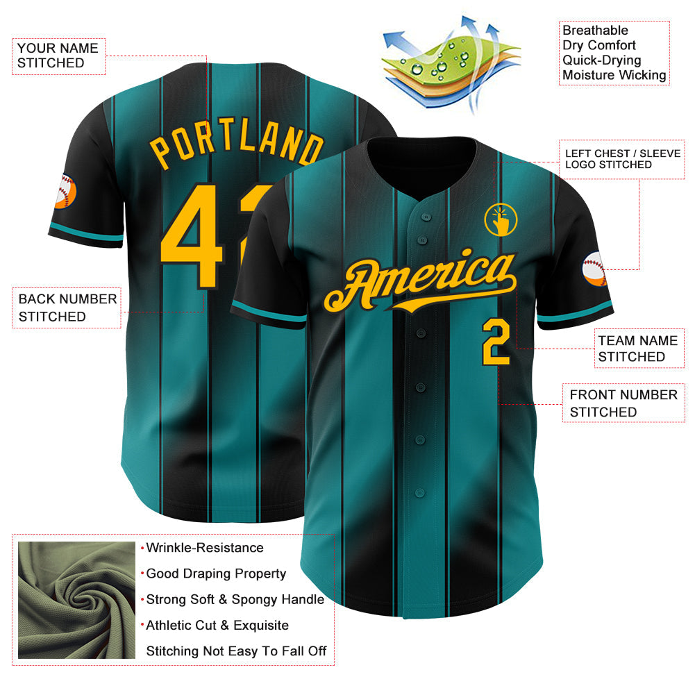 Custom Black Gold-Teal Gradient Classic Vertical Stripe Authentic Baseball Jersey baseball jersey product view 3