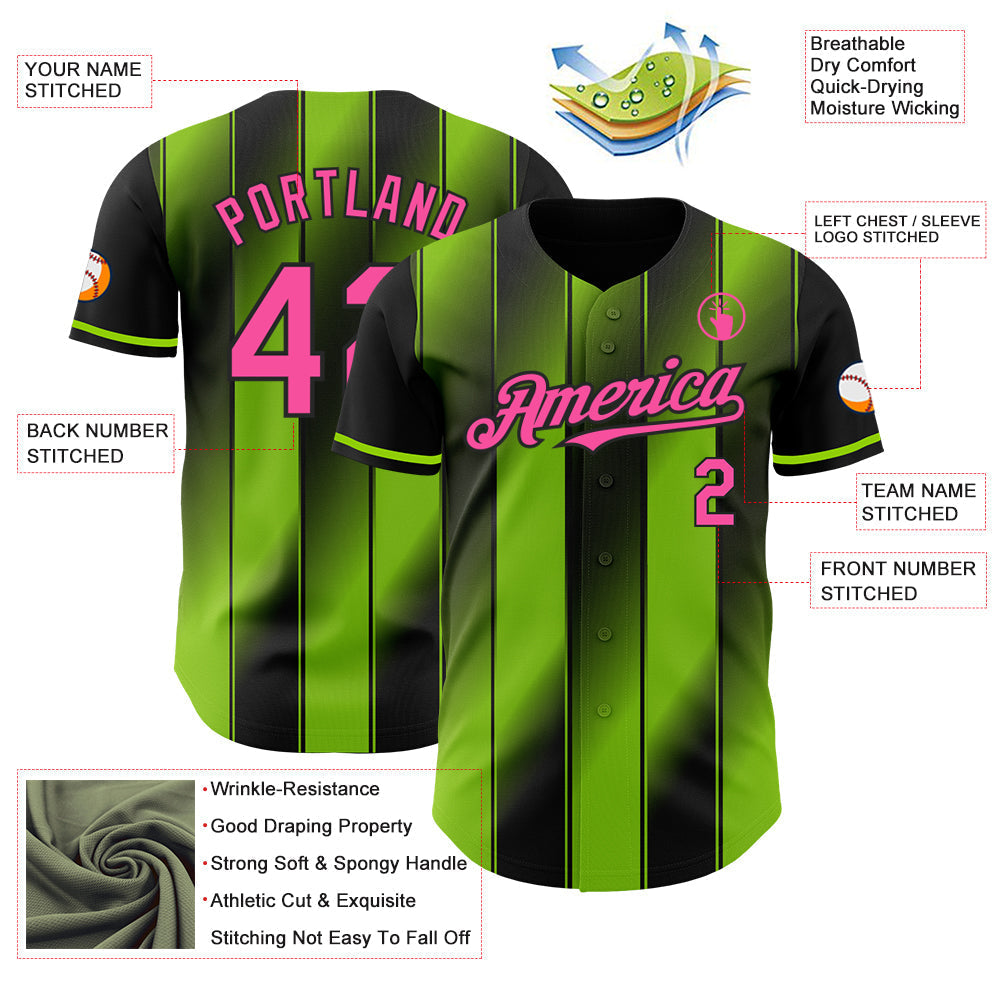Custom Black Pink-Neon Green Gradient Classic Vertical Stripe Authentic Baseball Jersey baseball jersey product view 3