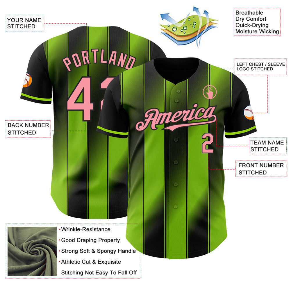 Custom Black Medium Pink-Neon Green Gradient Classic Vertical Stripe Authentic Baseball Jersey baseball jersey product view 3