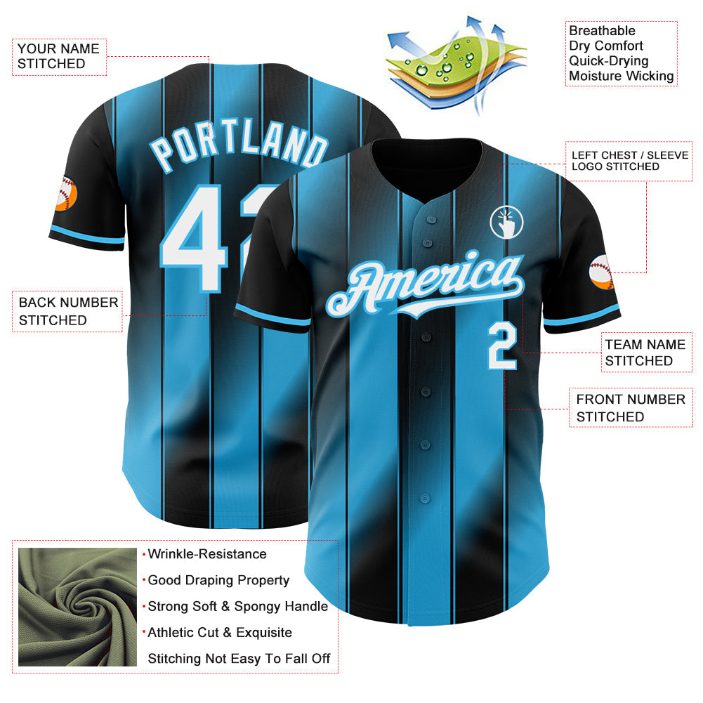 Custom Black White-Sky Blue Gradient Classic Vertical Stripe Authentic Baseball Jersey baseball jersey product view 3