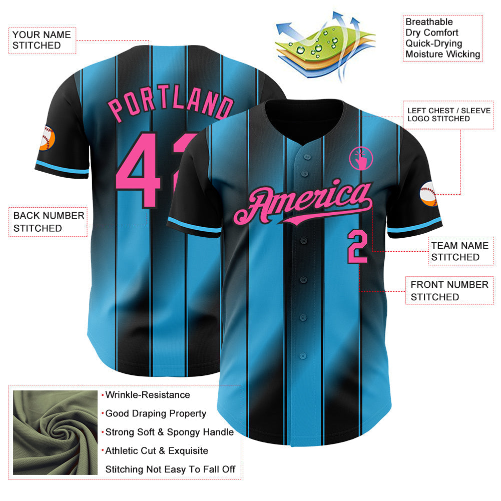 Custom Black Pink-Sky Blue Gradient Classic Vertical Stripe Authentic Baseball Jersey baseball jersey product view 3