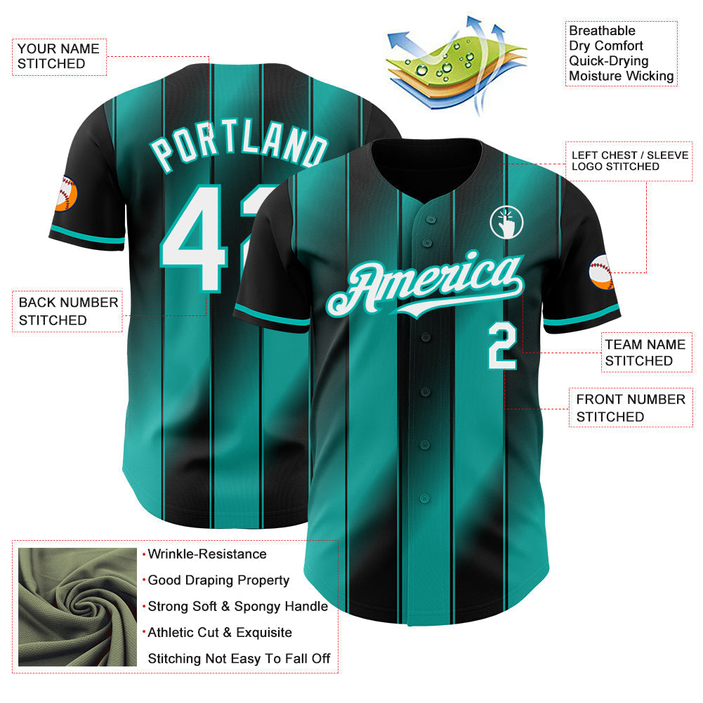 Custom Black White-Aqua Gradient Classic Vertical Stripe Authentic Baseball Jersey baseball jersey product view 3