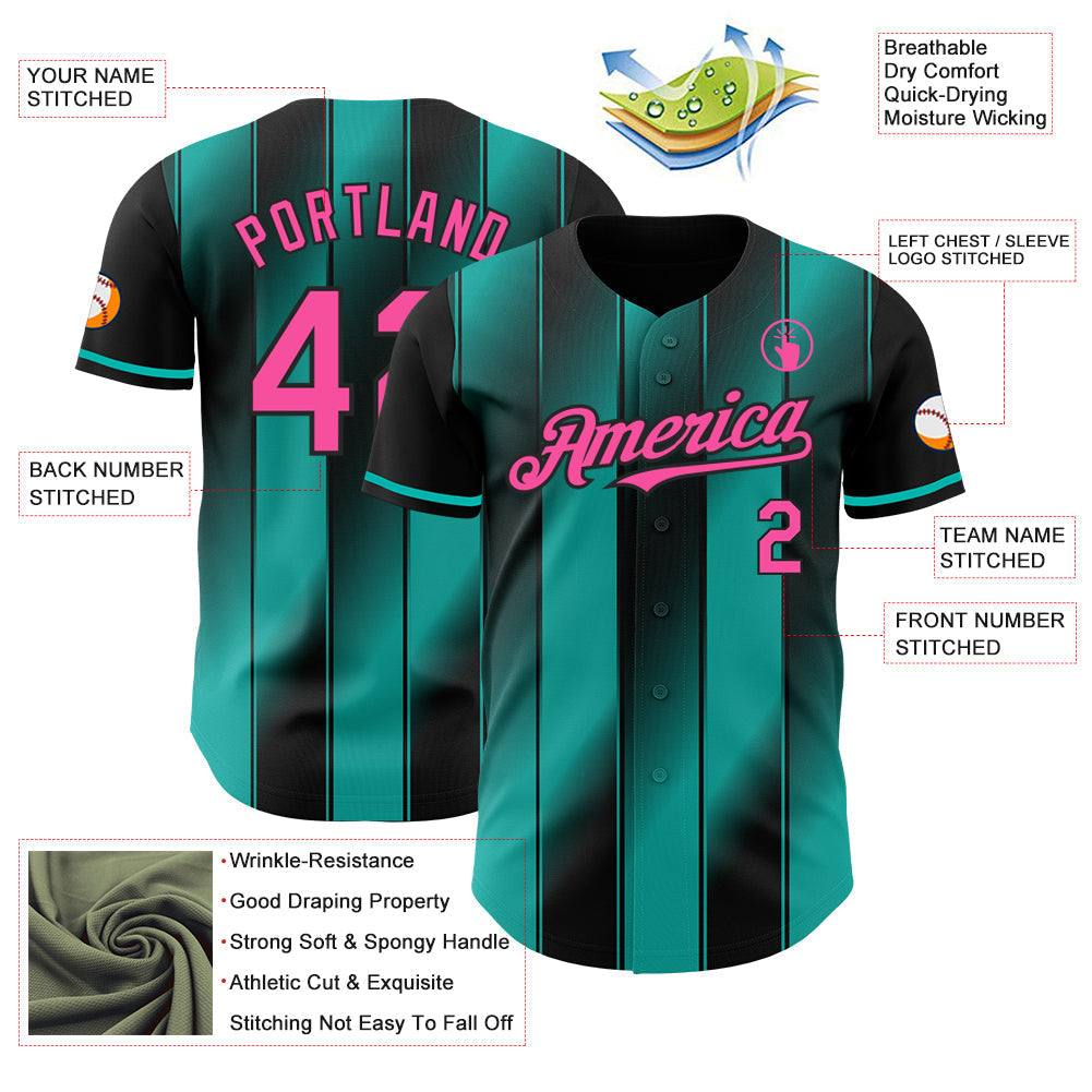 Custom Black Pink-Aqua Gradient Classic Vertical Stripe Authentic Baseball Jersey baseball jersey product view 3