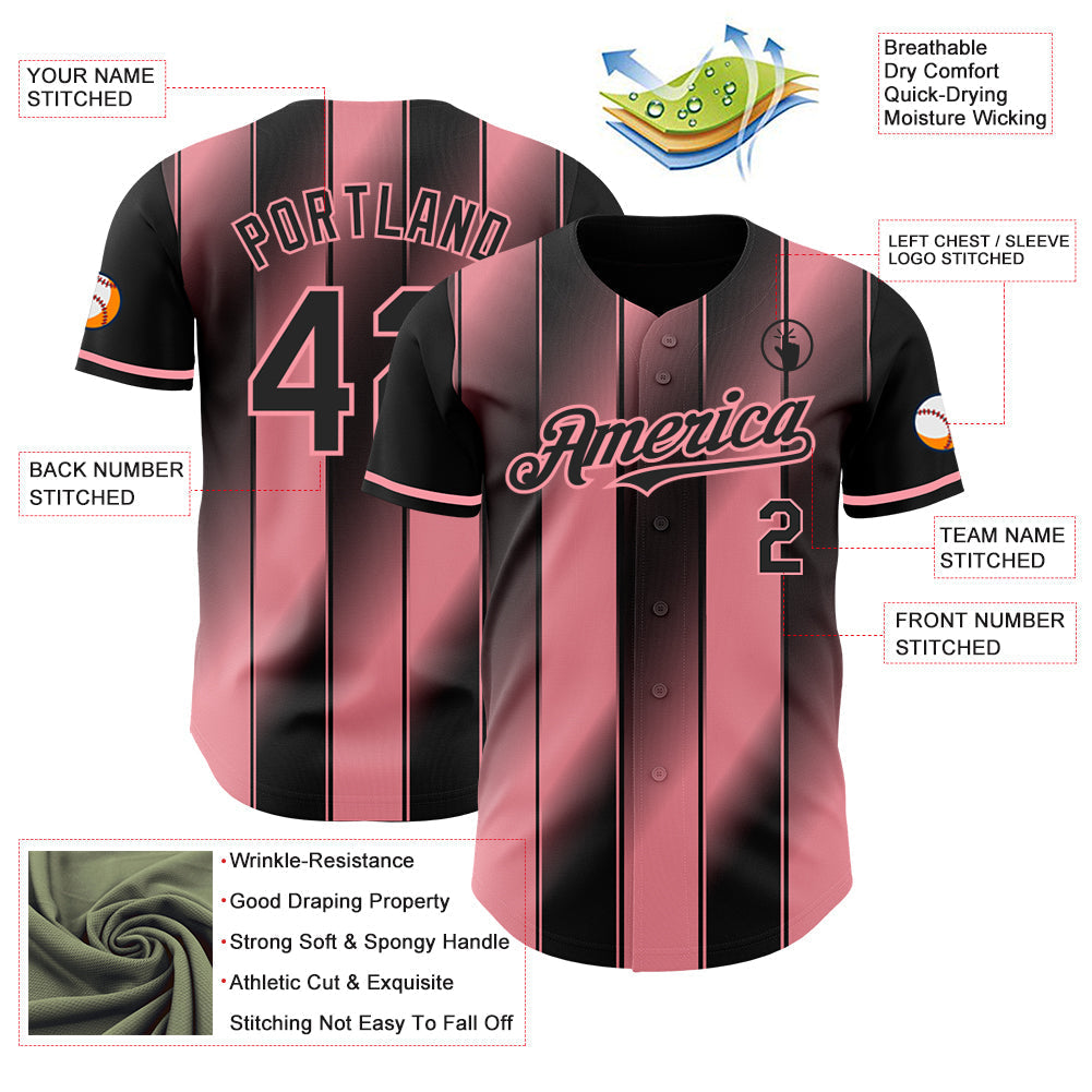 Custom Black-Medium Pink Gradient Classic Vertical Stripe Authentic Baseball Jersey baseball jersey product view 3