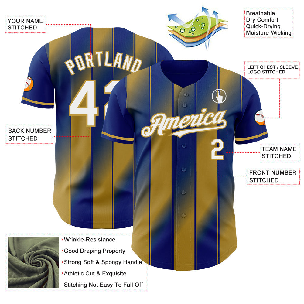 Custom Royal White-Old Gold Gradient Classic Vertical Stripe Authentic Baseball Jersey baseball jersey product view 3