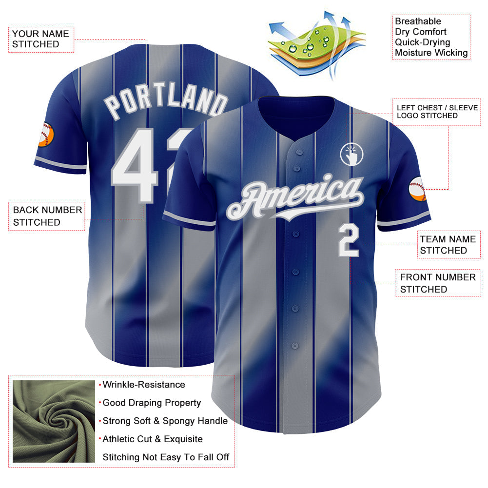 Custom Royal White-Gray Gradient Classic Vertical Stripe Authentic Baseball Jersey baseball jersey product view 3