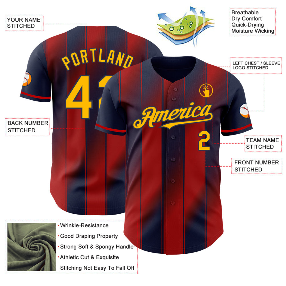 Custom Navy Gold-Red Gradient Classic Vertical Stripe Authentic Baseball Jersey baseball jersey product view 3