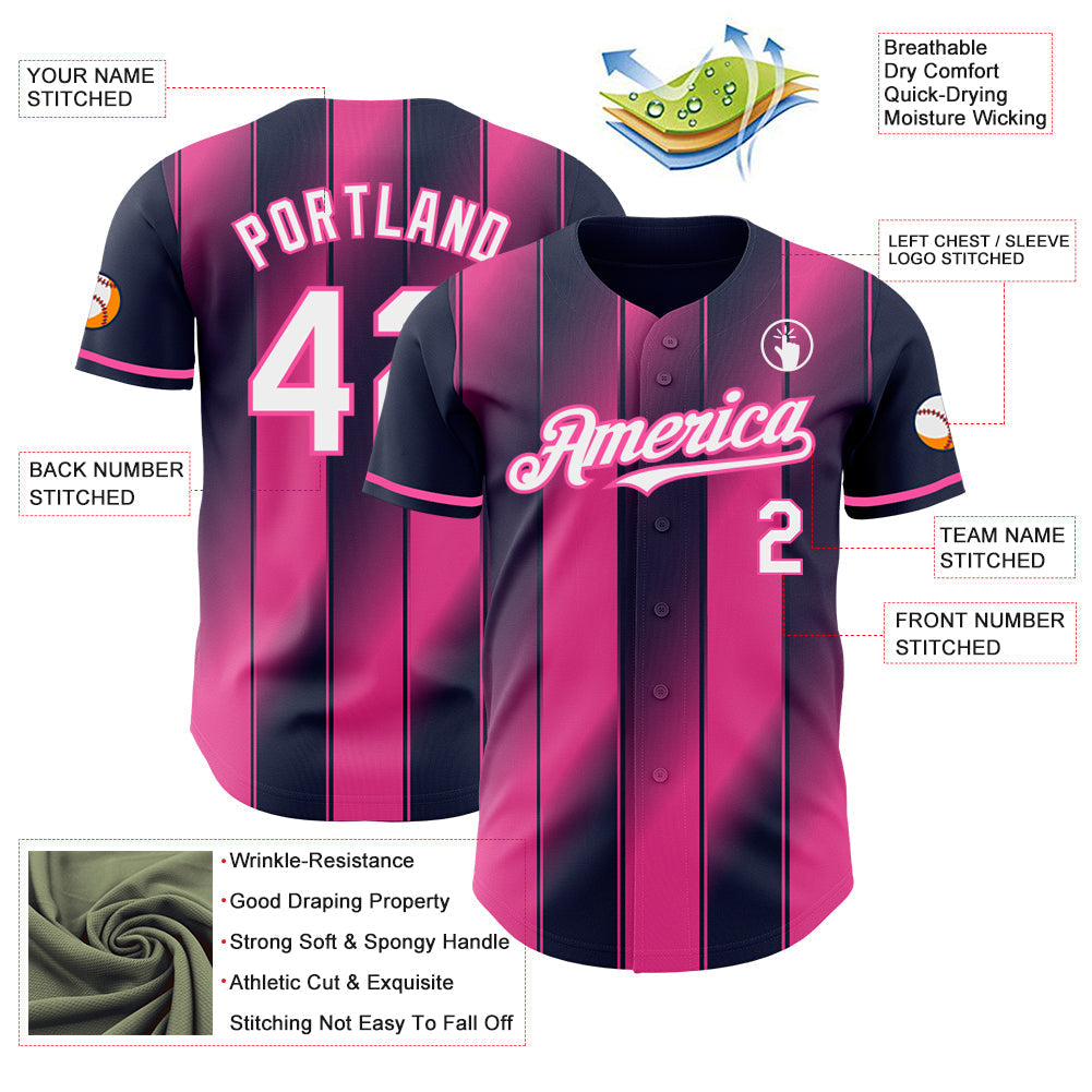 Custom Navy White-Pink Gradient Classic Vertical Stripe Authentic Baseball Jersey baseball jersey product view 3