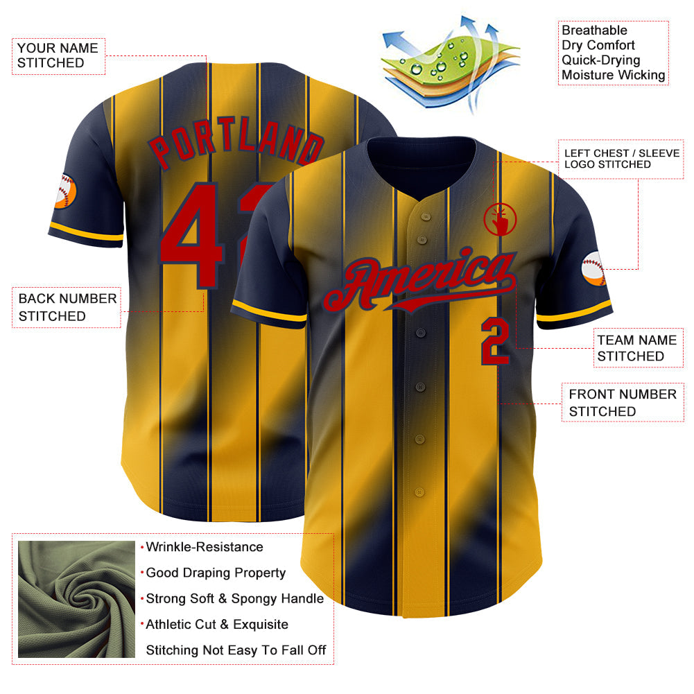 Custom Navy Red-Gold Gradient Classic Vertical Stripe Authentic Baseball Jersey baseball jersey product view 3